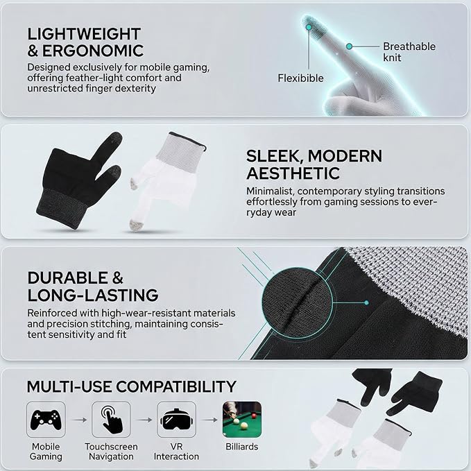 Mobile Gaming Finger Sleeves High Sensitive | Seamless Touchscreen Gloves for Players 2 Pairs Black White (Black White) - Image 2