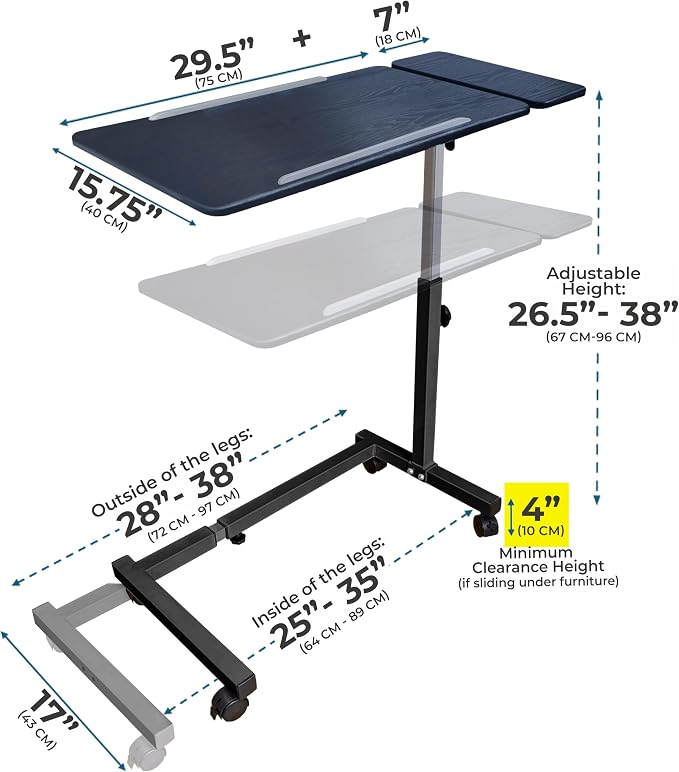 Recliner Table, Over the Bed Table with Wheels, Adjustable Width & Height, with Split Tilt Design & 4 Caster Wheels with Brakes (Black Oak Tabletop, Black Base) - Image 2