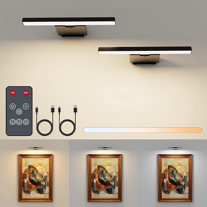 Kitloo Picture Lights for Wall, 6000mAh Rechargeable Battery Powered, Remote Control Wall Sconces with 3 Colors & Dimmable, LED Art Lights for Paintings, Gallery, Dartboard by IndoorLight