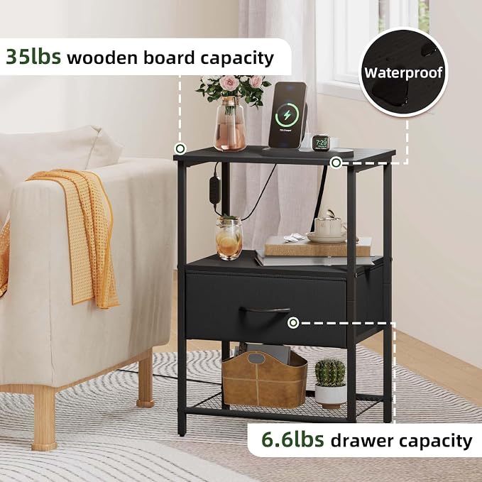 Somdot Nightstand Set of 2 with Charging Station & LED Light, Bedside Table - Image 6