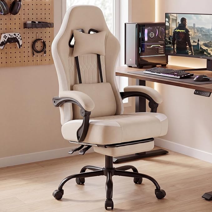 DUMOS Ergonomic Gaming Chair with Footrest, Video Game Chairs | Comfy Lumbar Support, Linkage Armrests, Tech Fabric, Pocket Spring Cushion, Office, Adults Students, Light Brown - Image 9