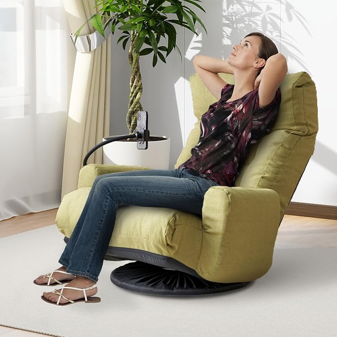 360° Swivel Floor Green Gaming Chair Linen Folding Lounge Sofa Chair with Adjustable Head and Waist, Armrests & Phone Holder, Padded Cushion Leisure Chairs for Living Room Bedroom - Image 9