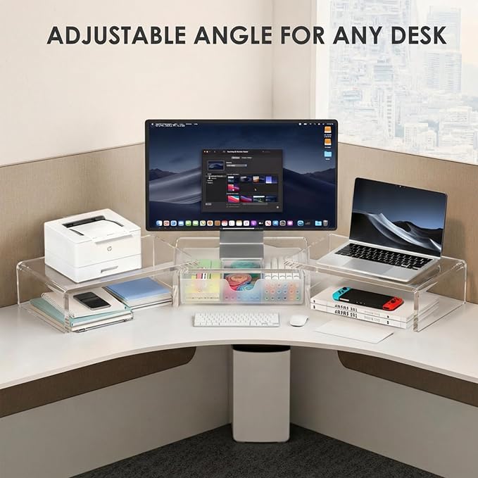 OPNICE Clear Acrylic Desk Organizers and Accessories, Dual Monitor Stand Riser with Drawer and 2 Pen Holders, Desk Shelf Computer Racks for Office Workspace Organizers, Desktop Organization (Transparent) - Image 5