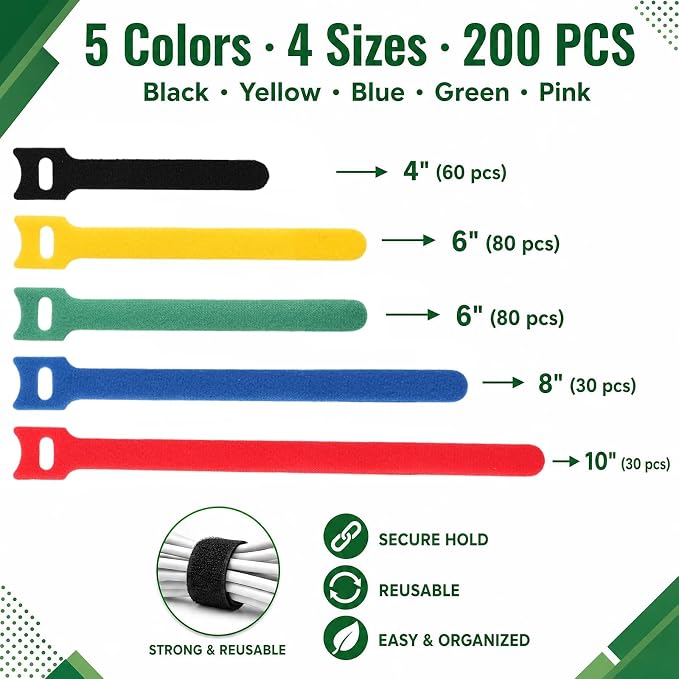 BALABALA 200PCS Cable Ties 4+6+8+10 Inch, Reusable Hook and Loop Straps for Cord Management, Fabric Fastening Straps, Multi-Color Adjustable Cable Organizer for Home Office Electronics - Image 2