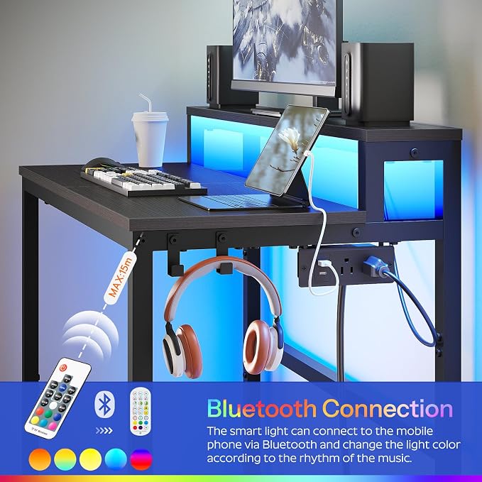 YATINEY Small Computer Desk with Charging Station and LED Lights, Gaming Desk with Monitor Stand, 2-Tier Home Office Desk with 4 Side Hooks, for Living Room, Home Office, Black DN01UDBBY2 - Image 6