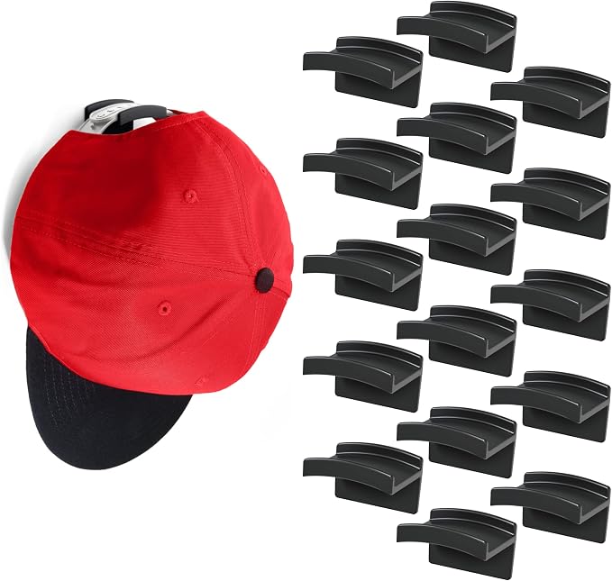 Modern JP Adhesive Hat Hooks for Wall (16-Pack) - Minimalist Hat Rack Design, No Drilling, Strong Hold Hat Hangers - USA Patented, Black by ModernJP