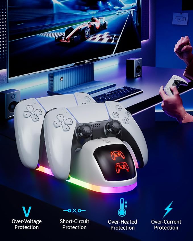 PS5 Controller Charger Station，Upgrade Version with 10 LED Mode & RGB Button, Safe Fast Charging and Overcharge Protection Dock for Dualsense PlayStation 5 Controllers - Image 7