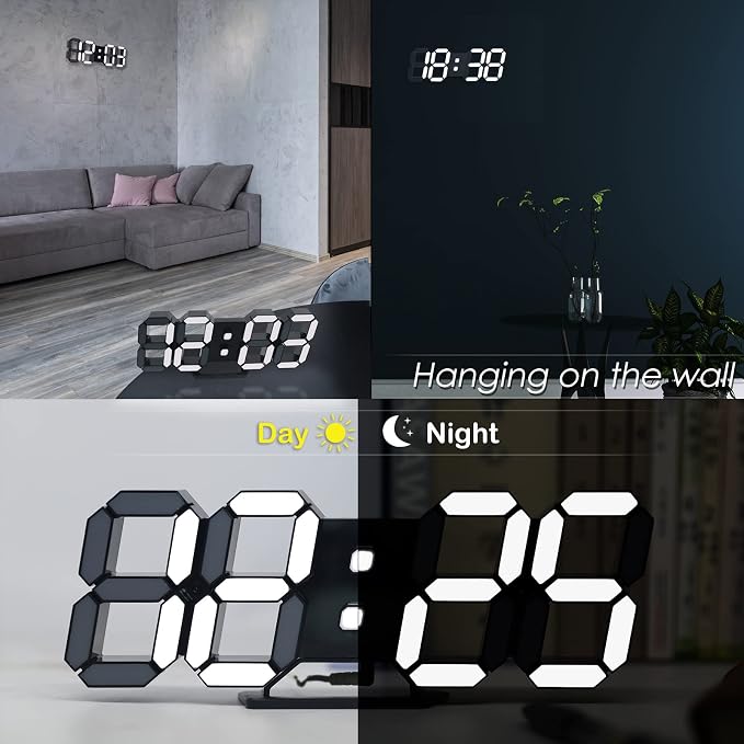 KOSUMOSU Digital Clock 3D LED Wall Clock for Living Room Decor 9.7" Alarm Clocks Black Clock Wall Decor Digital Wall Clock,Remote Control/Dimmer/Date/Temperature - Image 5
