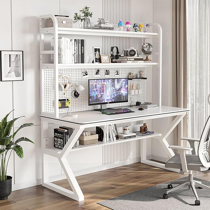 Gaming Desk, Bookshelf Desk, Home Office Computer Desk with Hutch, Gaming Desk with Pegboard, Home Desk with Built-in Bookshelf Combination, for Workspace and Study by Unknown