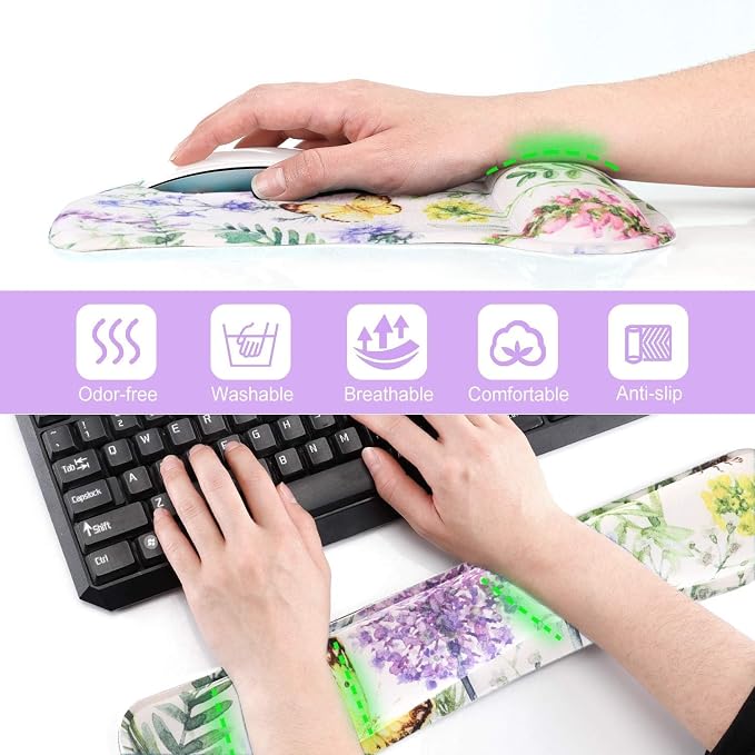 Keyboard Pad Wrist Rest Mouse Pad, ToLuLu Gel Ergonomic Mouse Pads for Computer Laptop Office, Mousepad Keyboard Wrist Support Memory Foam for Easy Typing & Pain Relief, Purple Floral Yellow Butterfly - Image 4