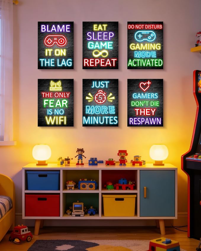 KUVIOKE Video Gamer Room Decor for Teen Boys Gaming Wall Art Gamer Neon Sign Teenage Bedroom Decor Ready to Hang Set of 6, 12x16in (Framed) - Image 8