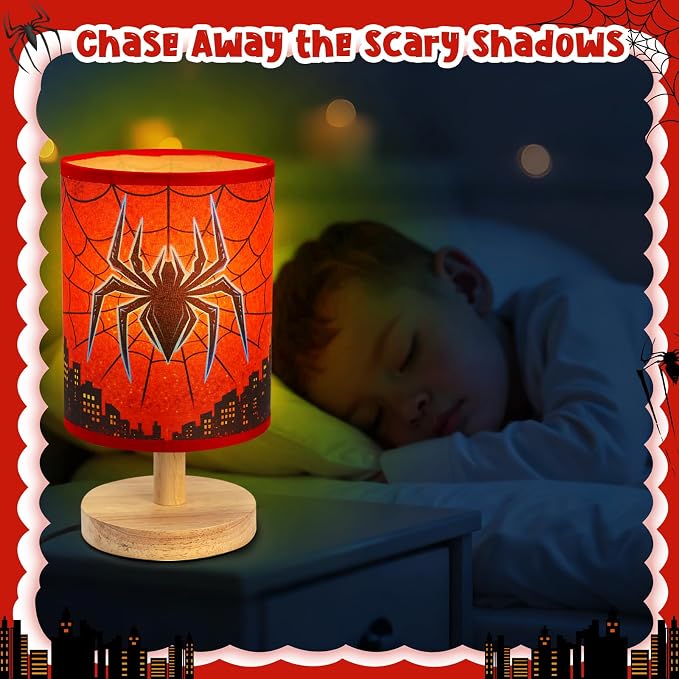 Spider Table Lamp for Boys - Spider Night Light & Bedroom Bedside Lamp with Linen Lampshade and Wooden Stand, Cartoon Nursery Lamp for Desk, Home Decor - Image 8