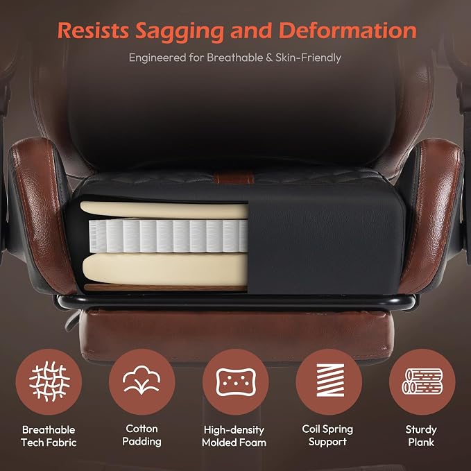 Ergonomic Gaming Chair for Adults with Footrest - PU Leather Computer Gamer Chair with Memory Foam Headrest & Lumbar Pillow, Reclining Silla Gamer Video Game Chair for Home Office, Black & Brown - Image 6