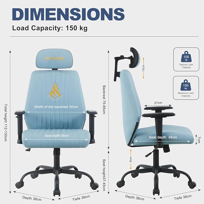 Symino Office Chair Ergonomic with 109° Rocking Function, Premium PU Leather, Integrated Lumbar Support, Adjustable Headrest & Armrests, Swivel Desk Chair - Image 3