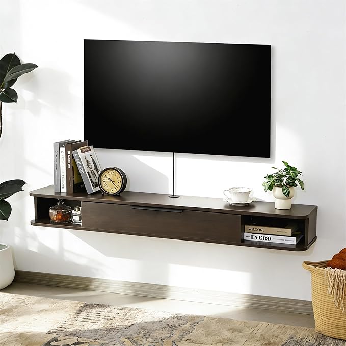 Floating TV Stand, 55" Wall Mounted TV Cabinet, Wood Media Console for TVs up to 65", Entertainment Center with Storage for Living Room, Under TVs Shelf for DVD Player, Coffee by MordchilHF