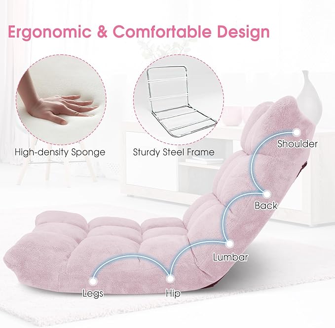 GIANTEX Floor Chair with Back Support, 14 Adjustable Position, Padded Sleeper Bed, Couch Recliner, Gaming Floor Chairs for Meditation, Adults, Living Room, Gaming Chair Floor, Light Pink - Image 5