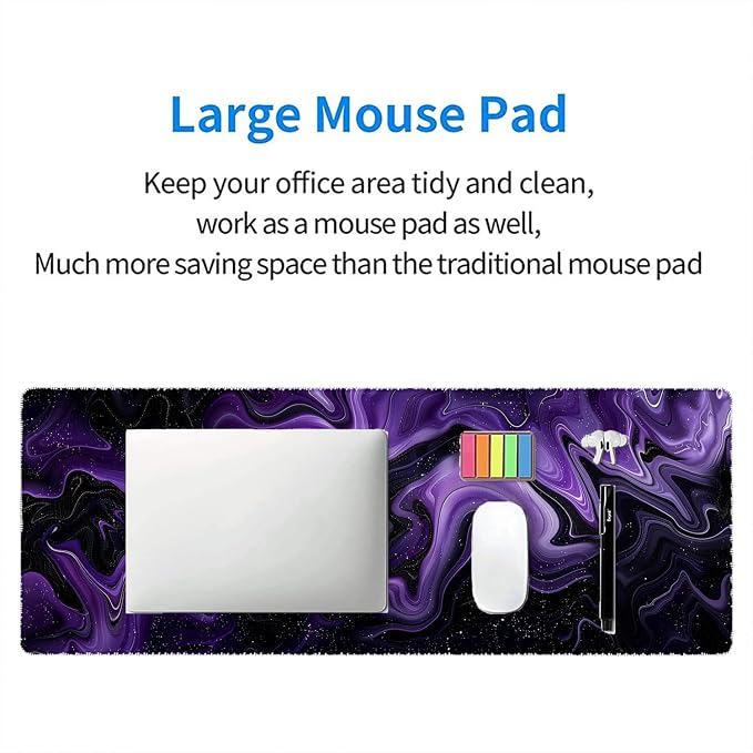 Dark Purple Ripples Desk Pad Mouse Pad Black Purple Lines Large Gaming Mouse Mat with Stitched Edges,Non-Slip Waterproof Rubber Base Mous Mat Office Computer Keyboard Laptop Home 31.5"x11.8" - Image 7