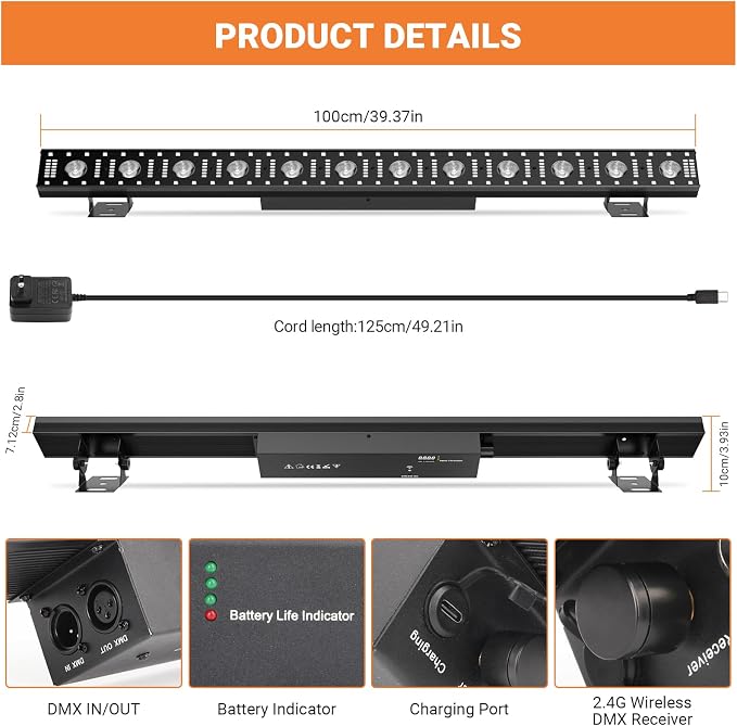 Battery Powered 150W 240LED Stage Wash Light Bar for DJ Party - Image 7