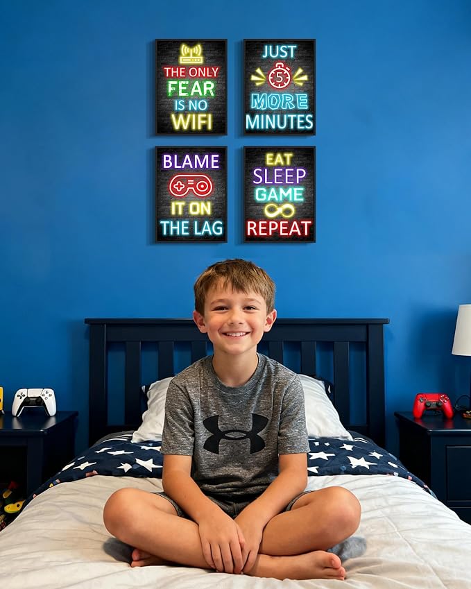 Video Gamer Room Decor for Teen Boys Gaming Wall Art Gamer Neon Sign Teenage Bedroom Decor Ready to Hang Set of 4, 11x14in (Black Framed) - Image 5