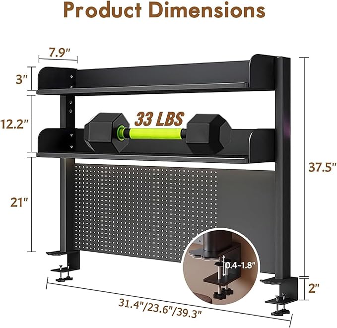 Clamp On Desk Pegboard Shelf - Metal Desktop Organizer Hutch with 2 Shelves | Storage and Display, Desk Add-On Shelf for Office, Dorm Room, Bedroom, Black, 23.6In - Image 3