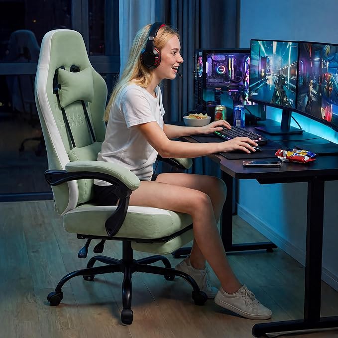 Sweetcrispy Gaming Chair, Ergonomic Computer Desk Chair, Lumbar Support | High Back Ergonomic Footrest, Height Adjustable Linkage Armrests Headrest, 360 Swivel Wheels Fabric, Green - Image 10