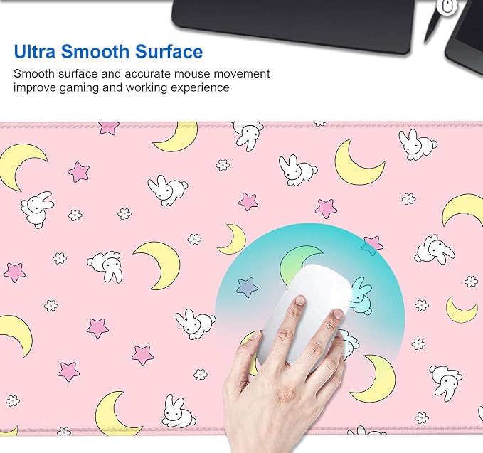 IMAYONDIA Pink Kawaii Desk Pad, Cute Moon Bunny Desk Mat Computer Pad Desktop,Laptop Protector Aesthetic Anime Mousepad Writing Pad for Office Home School,Large Gaming Mouse Pad Tarot Mat,31.5 X 11.8 - Image 4