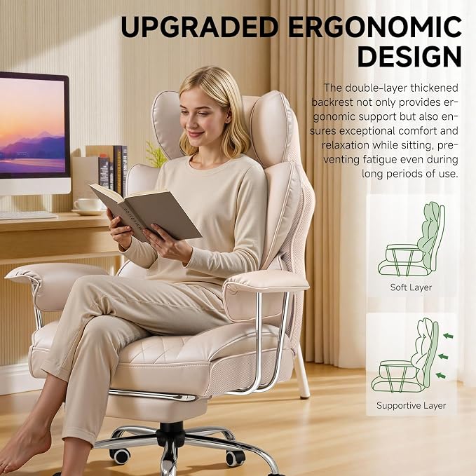 COMHOMA Big and Tall Office Chair, High Back Leather Gaming Chair with Footrest, Executive Ergonomic Office Chairs with Pocket Spring Lumbar Support and with Outward Fixed Soft Armrests - Image 5