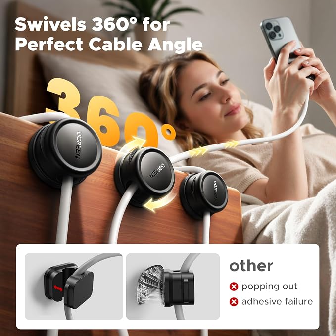 UGREEN Magnetic Cable Management Clips, 360° Rotation Desk Cord Organizer 1s Fast Locking, Strong Adhesive Cable Holder Fits Cables Wires for Workspace, Nightstand, Home Office,Car - Image 2