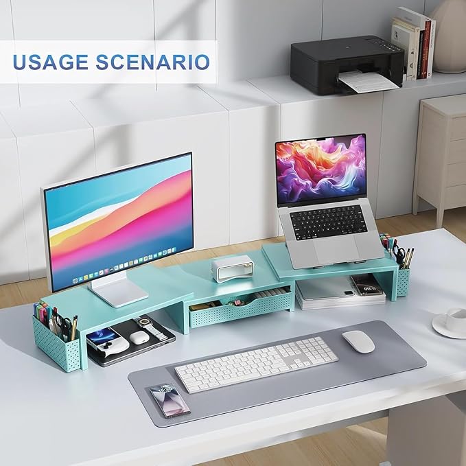 gianotter Dual Monitor Stand Riser With Drawer and 2 Pen Holders | Computer Monitor Stand Desk Organizer and Accessories Desk Shelf for Top of Desk (Blue) - Image 5