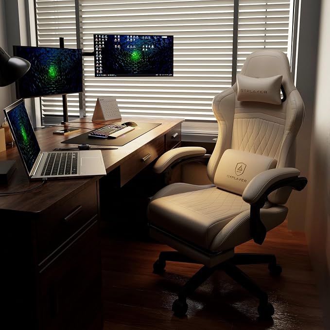 GTPLAYER Gaming Chair with Speakers ACE-PRO, Computer Video Game Chairs with Footrest for Adults, Built-in Speakers, App Support & Bluetooth Control, Ergonomic Reclining Silla, Linkage Armrest, Ivory - Image 2