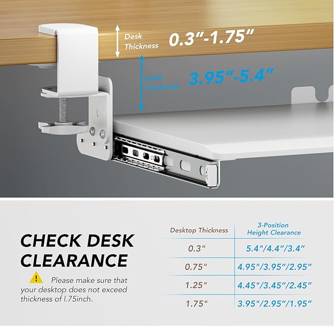 AX WABER Keyboard Tray Under Desk Pull Out with Extra Sturdy C Clamp Mount System, 27.3 (32.5 inch Including Clamps) x 11 Inch Slide-Out Platform Computer Drawer for Typing White AX01WW01 - Image 4