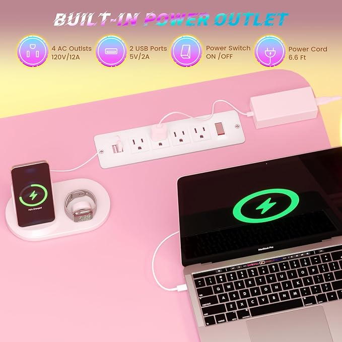 SEDETA Small Standing Gaming Desk, 31.5" Rolling Computer PC Desk Electric Height Adjustable with Power Outlet, Pegboard & Storage Shelves, LED Light, for Small Spaces/Bedroom/Gaming/Girl Room, Pink - Image 6