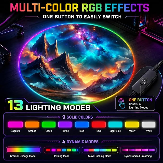 Gaming Chair Mat for Hardwood Floor Circle RGB Gaming Lights (Mountains 47”) - Noise Cancelling, Anti-Slip Gamer Floor Mat – Scratch Resistant Computer Gaming Mat for Chair – Office Chair Mat - Image 2