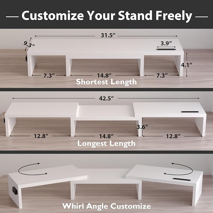 BONTEC Dual Monitor Stand Riser, Adjustable Length & Swivel Angle, White | Ergonomic Wooden Desktop Organizer with Smartphone Holder, Computer Monitor Stand for PC, Laptop,Printer and Large Storage - Image 3