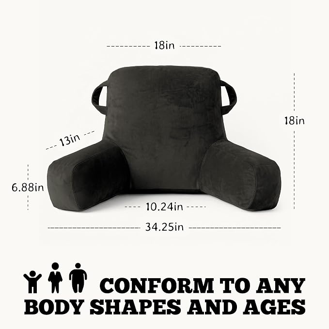 Unisakey Portable Comfy Reading Pillows for Bed Sitting Up(Grey Oeko-Tex), Velvet Back Pillow with Arms & Pockets for Adults, Support Memory Foam Bed Pillow for Dorm/Reading/Watching/Gaming - Image 2
