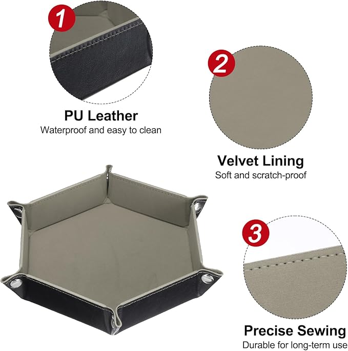 HARFINGTON PU Leather Dice Tray Unisex Valet Tray Folding Hexagon Tray Portable Entryway Table Nightstand Bedside Desk Holder for Key Wallet Watch Coin Jewelry, Gray - Image 4