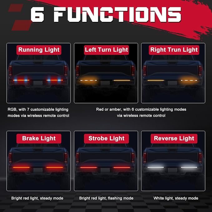 OFFROADTOWN 2PCS 18inch RGB Tailgate Silicone Flex LED Light Bar 324 LED 3rd Brake/Stop/Turn/Reverse/Strobe Tail Light Custom Driving Light with Wireless Remote Control for Pickup Truck SUV RV Trailer - Image 2