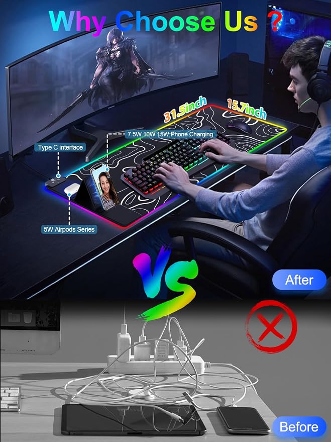 XXL Mouse Pad with Phone Holder - Black, RGB Desk Mat with 15W Fast Charging, LED Gaming Mousepad with 11 Light Colors, Waterproof Non-Slip Pad for Office & Home (Topographic) - Image 2