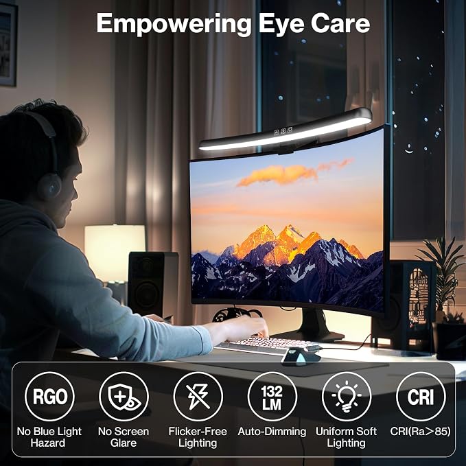 Monitor Light Bar, Curved Computer Monitor Lamp for Eye Caring LED Dimmable Screen Light Bar, 3 Color Temperature Mode Lights, Touch Control USB Powered Monitor Lamp for Desk/Office/Home/Game - Image 5
