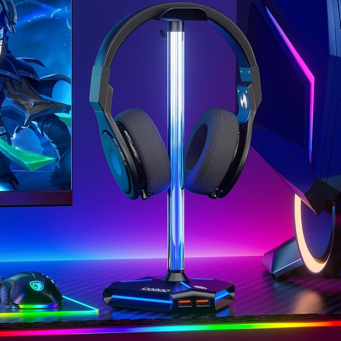 COZOO RGB Headphone Stand with 2 USB2.0 Extension Charging Port Extender Cord,Headset Stand Holder for Gamer Desktop Table Game Earphone Accessories,PC Gaming Accessories for Gamer,Gifts for Boyfriend by COZOO