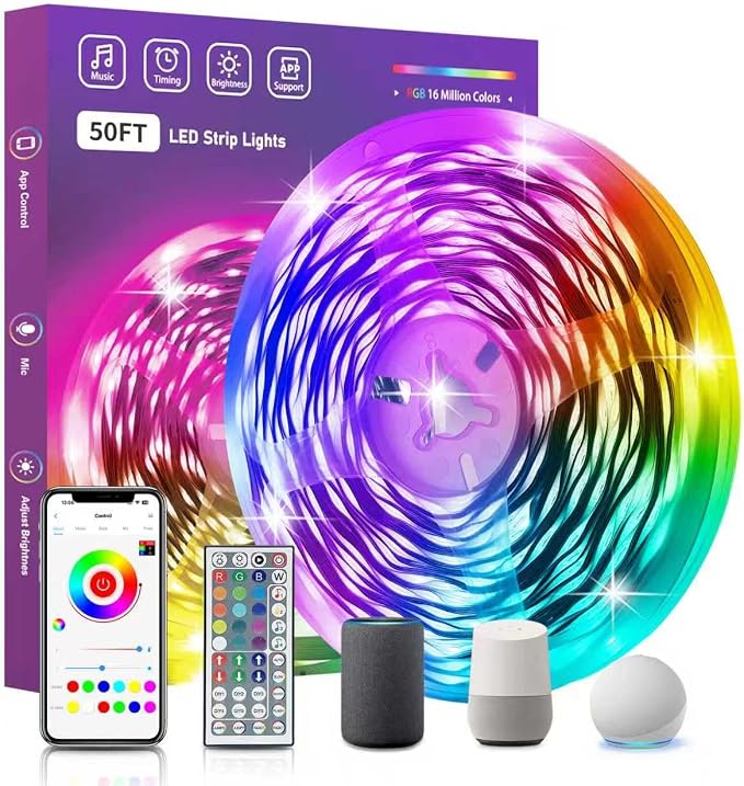 FONEWE Smart WiFi LED Lights 50 ft Remote Control Through APP Led Strip Lights Supports Alexa and Google Assistant Timing Function RGB Color Changing LED Lights for Bedroom and Party by FONEWE