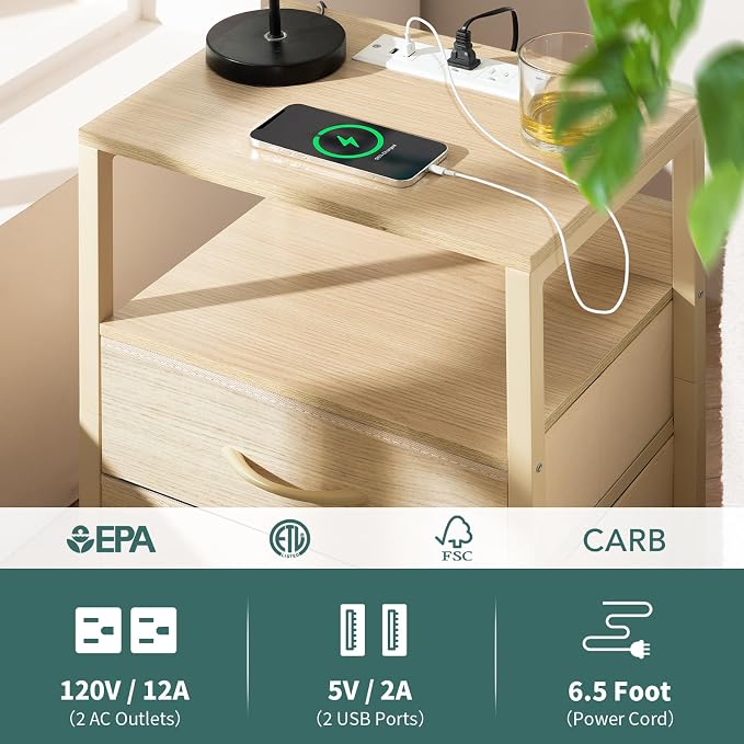 Yoobure Nightstand with Charging Station, Small Night Stand with Fabric Drawers and Storage Shelf for Bedrooms, Nightstands for Small Spaces, Bedside Table with USB Ports & Outlets, Bed Side Table - Image 6