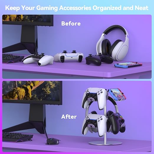 DGPCT Aluminum Rotating Controller Stand for Xbox/PS5/Switch, 2-Tier | 6 Hangers to Place, Holds Headset & Controllers, Stable Controller Organizer Rack, Fits for Switch Pro/PS4 and More, Silver - Image 5