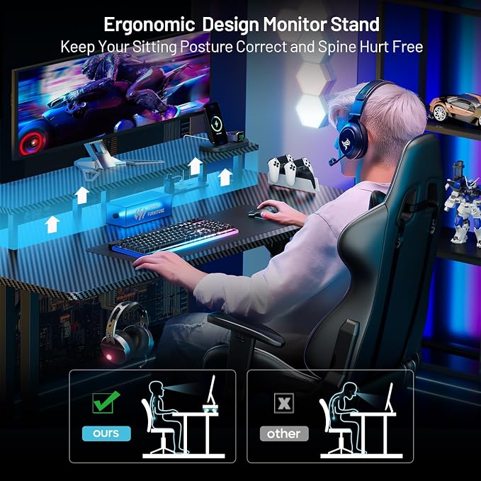 HLDIRECT 63 Inch Gaming Desk with LED Lights & Cable Management, Black - Image 5