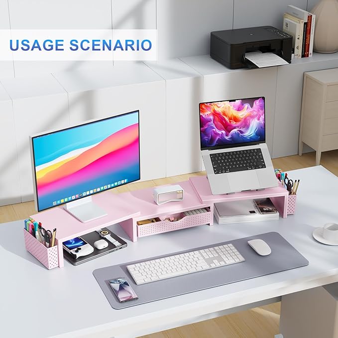 gianotter Dual Monitor Stand Riser With Drawer and 2 Pen Holders | Computer Monitor Stand Desk Organizer and Accessories Desk Shelf for Top of Desk (Pink) - Image 6