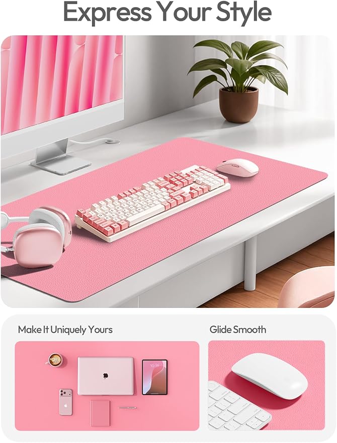 YSAGi Leather Desk Protector, Office Mat, Large Mouse Mat, Non-Slip PU Leather Blotter, Laptop Desk Mat, Waterproof Writing Pad for Office and Home (Pink, 35.4" x 17") - Image 2