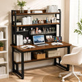 Computer Desk with Power Outlet & LED Lights | 47 Inch Gaming Desk with Hutch & Pegboard, Home Office Desk with Storage Shelves for Bedroom, Study (Brown, 47 Inch) by Unknown
