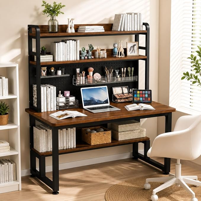 Computer Desk with Power Outlet & LED Lights | 40 Inch Gaming Desk with Hutch & Pegboard, Home Office Desk with Storage Shelves for Bedroom, Study(Brown,40inch) by Unknown