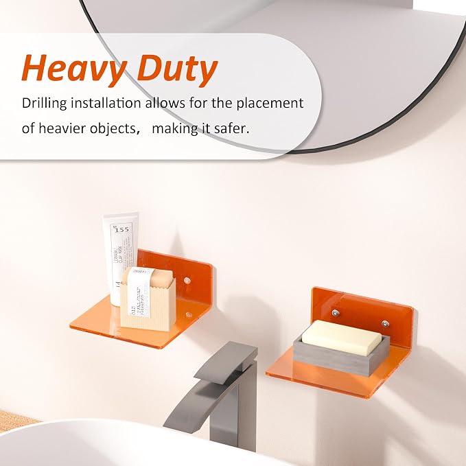 Sezanrpt 6 Inches Small Orange Wall Shelves Set of 2, Wall Mounted Display Shelf Rack for Bedroom, Living Room, Smart Speaker, Clock, Decoration, 2 Pack - Image 3