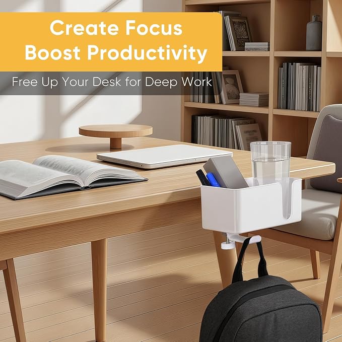 4-in-1 Clip On Desk Cup Holder, Fits up to 40oz cups - Mountable Holder with Adjustable Divider & 360° Rotating Hook - No Spill Clamp On Drink Holder Attachment - for Desk Chair Table Bed Tray - White - Image 6